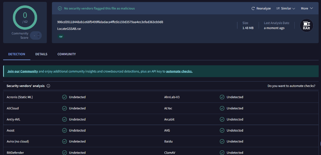 VirusTotal Scan - 0/62 détections